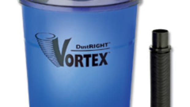 The DustRight Vortex is a dust-collection canister unit that uses suction power from a shop vacuum.