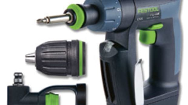 Festool's CXS 10.8-volt cordless drill with its Centrotec (installed) keyless and right-angle chucks.