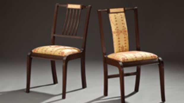 The Winter Show includes these "His and Here" chairs by Richard Oedel, made with crotch birch, mahogany, ebony and holly.