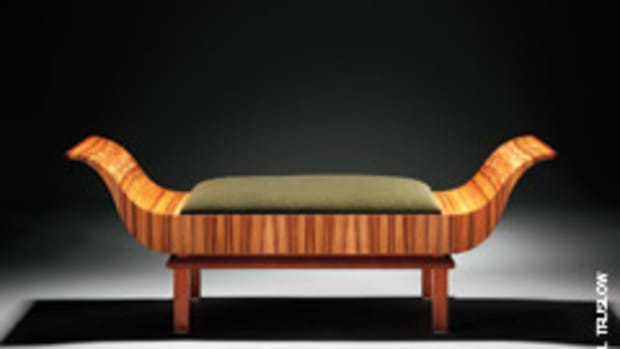 Thom Walsh, a member of the N.H. Furniture Masters, built "Sleigh Endings, Love Seat" with Chilean tineo veneer, a solid mahogany base and Panaz green mohair upholstery.