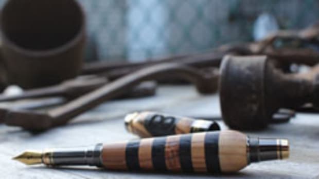 A sampling of some of the elaborate handmade pens produced by Allegory Handcrafted Goods.