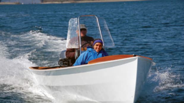 Lean and light, the PT Skiff planes effortlessly with just 20 hp on the stern.
