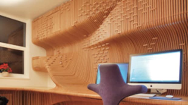 This 12mm birch plywood office, conceived by Synthesis Design and executed by Cutting Edge of Bedfordshire, England, was modeled in Rhino and cut on a 3-axis CNC.
