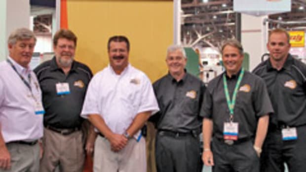 General International's CEO Gilles Guerette, from left, U.S. operations manager Scott Box, sales representative Craig Walls and Tom Guertin, president Christian Chenier, and sales representative Curt Thomas at the 2009 AWFS fair in Las Vegas.
