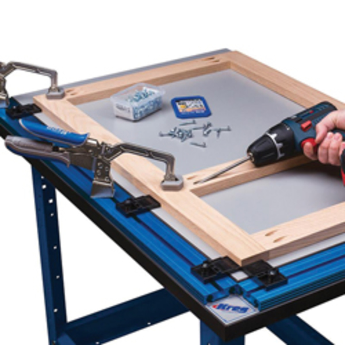 Kreg’s new clamping table holds stiles and rails or other parts at a true 90 degrees for pocket-hole drilling and other operations.