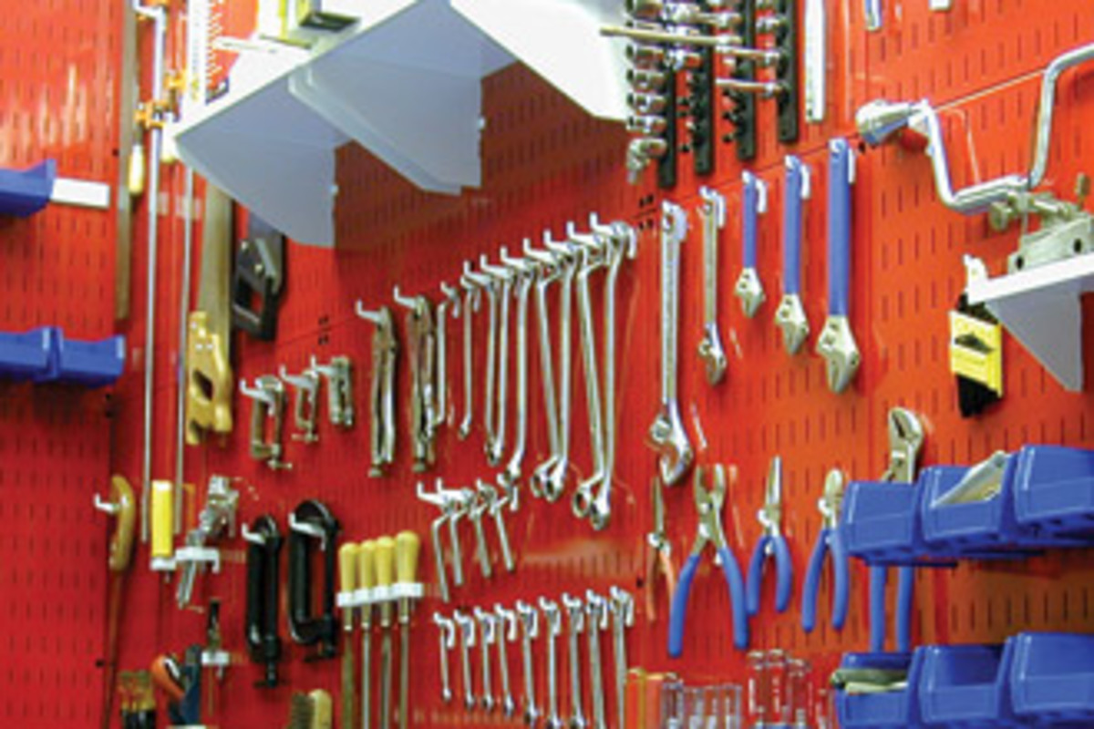 Proper tool storage will improve a shop's work flow. This metal peg board is available from Wall Control Storage Systems.
