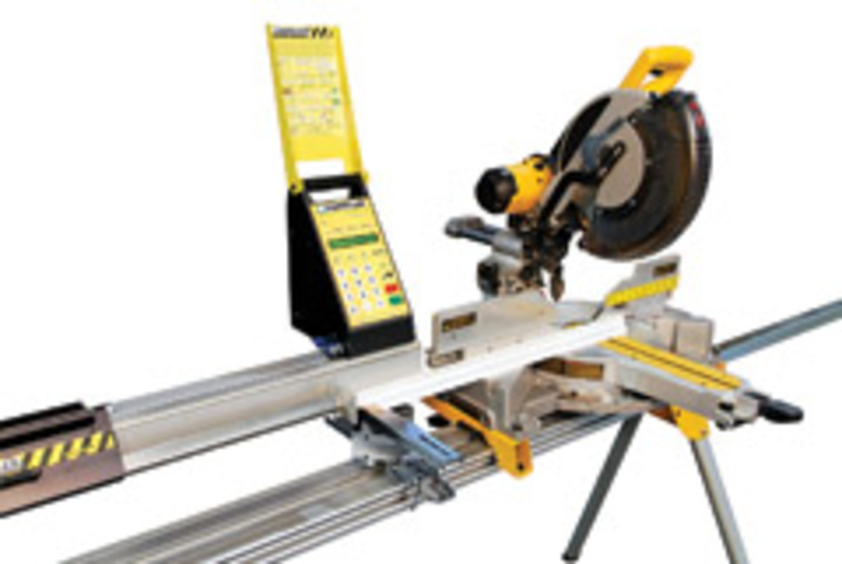SawGear, from TigerStop, is an automated length-measuring system for a miter saw.