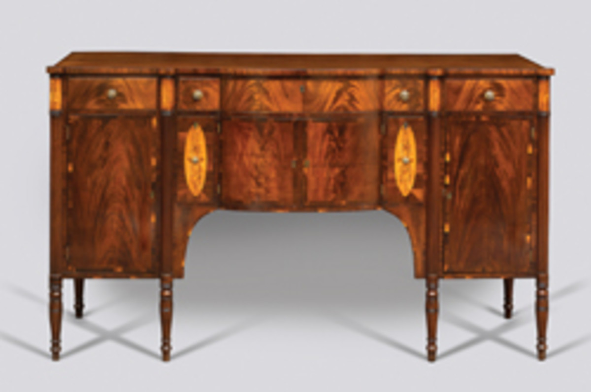 The Portsmouth exhibit features this sideboard (Portsmouth, circa 1815); side chair (New York, New England, possibly Portsmouth, 1815–30), and high chest of drawers (Joseph Davis, Portsmouth, 1735-45).