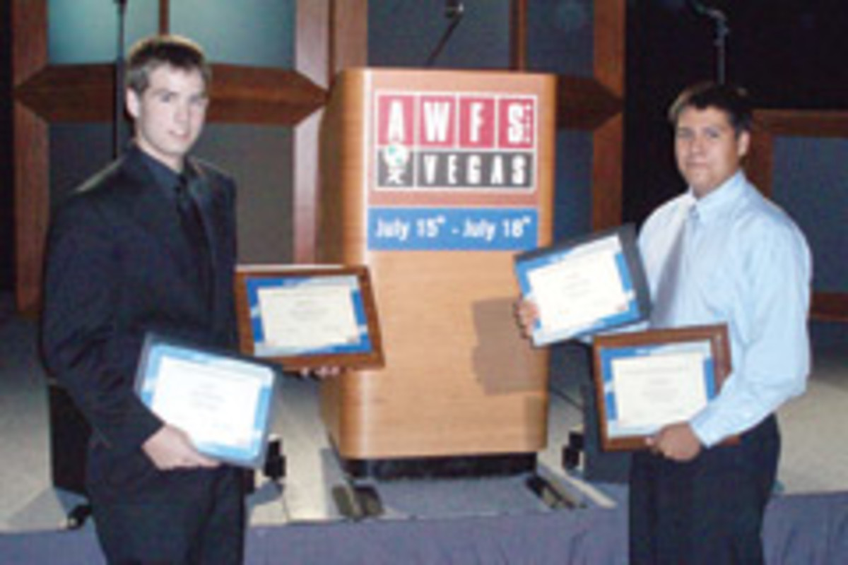 Joe Davis' students Antelmo Beltran and Blake Fullenwider attended the AWFS Fresh Wood national furniture design competition in Las Vegas last summer where they won first and second place in the case goods category.