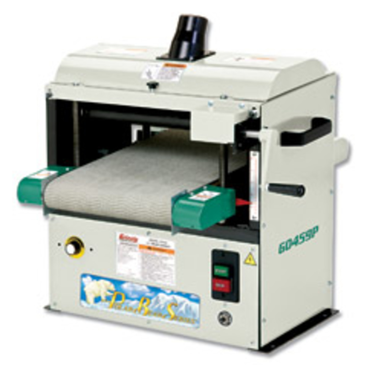 Grizzly's new Polar Bear series includes two new machines, a 10" 2-hp 'hybrid' table saw and 12" 'baby' drum sander.