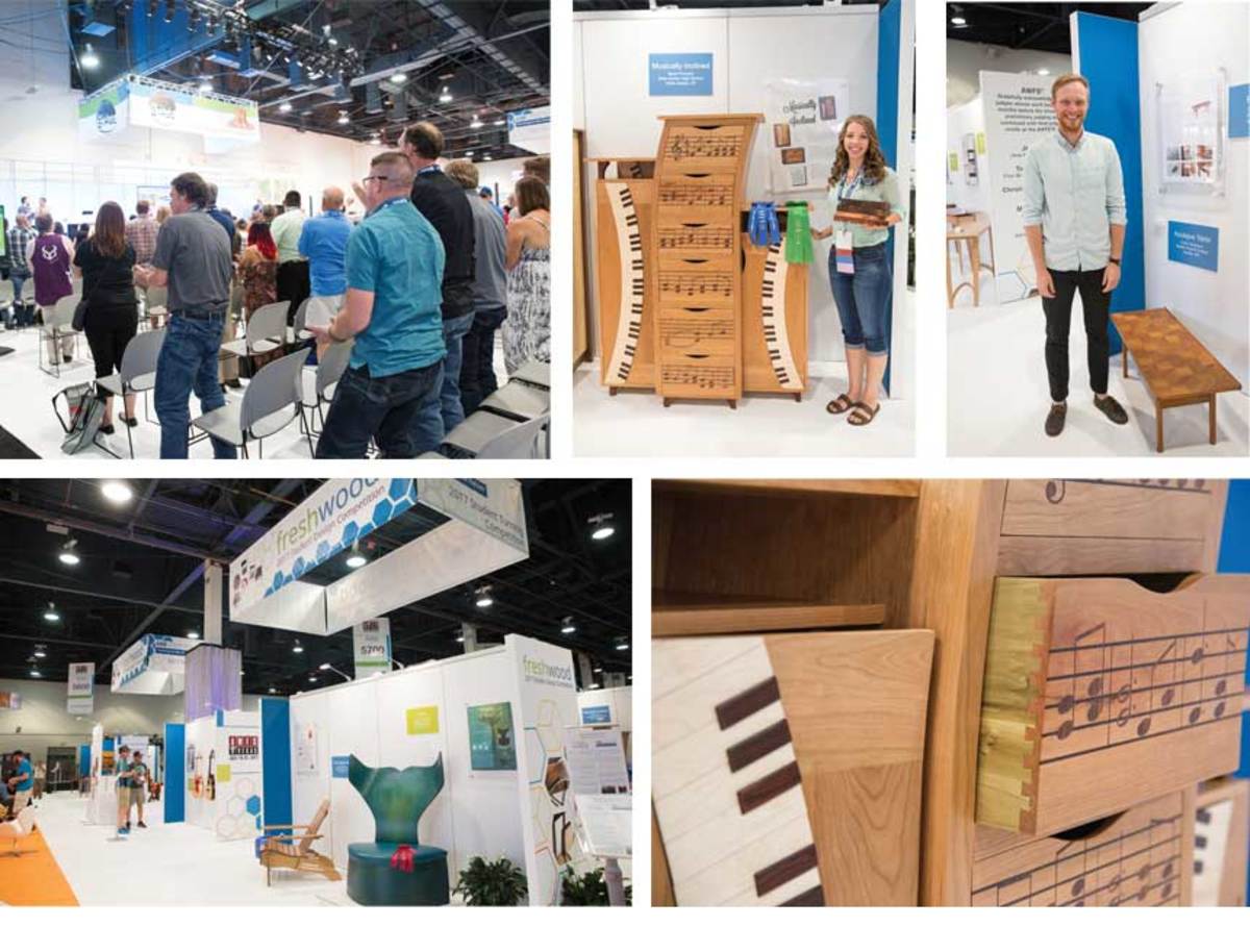 Scenes from the 2017 Fresh Wood competition, including Cody Campanie’s Best of Show table (top, right) and Sarah Provard’s “Musically Inclined” case piece, winner of the People’s Choice award.