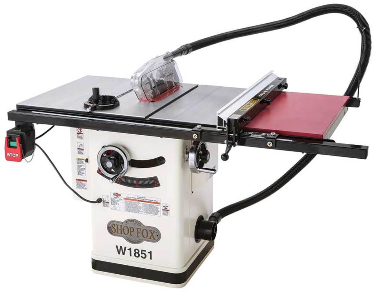 The Shop Fox model W1851 hybrid saw with melamine extension table.