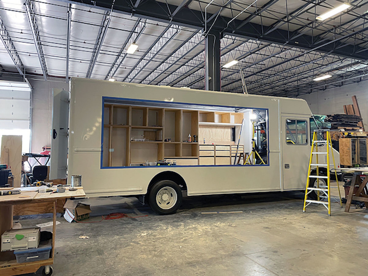 The bookmobile under construction.