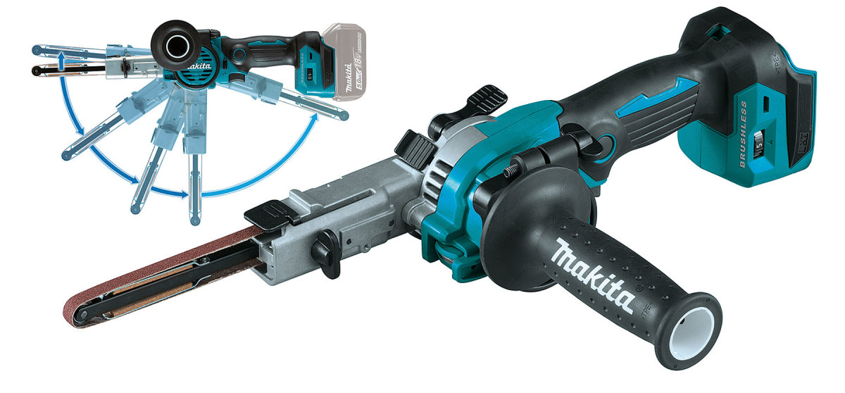 Makita’s new 18-volt detail belt sander, model XSB01Z, features a 160-degree pivoting arm.