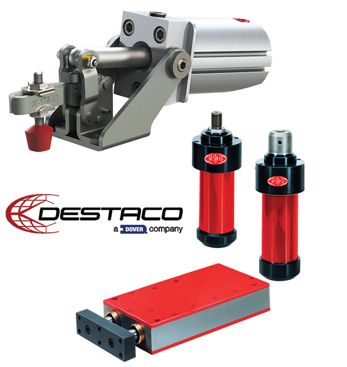 Destaco’s toggle clamps with air-actuated cylinders.