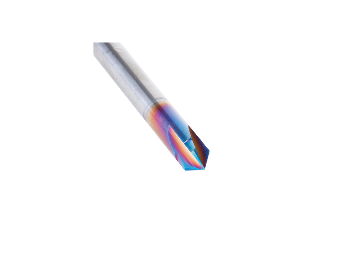 Amana Tool offers a new solid carbide, 90-degree, V-groove Spektra bit (45633-K) that has a 1/4” shank and a 1/8” maximum depth of cut.