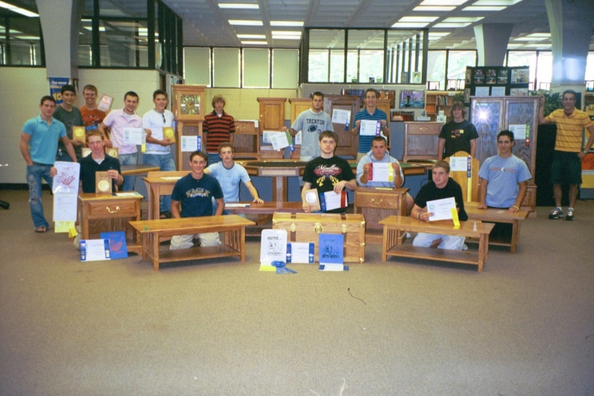 Students in the cabinetmaking program at Trenton (Mich). High School with projects made with Castle pocket cutters in 2006.