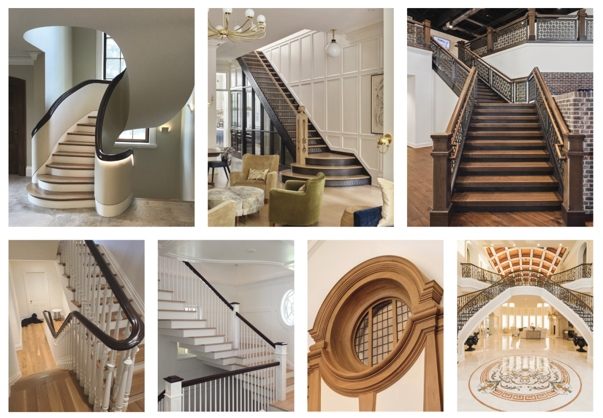 (Top three, from left) Best in Show and Best Curved Modern Stairway (Hardwood Design); Best Stair Part (Advanced Stair Systems PA); Best Commercial Stairway (The Heirloom Cos.). (Bottom four, from left) Best Balustrade (Advanced Stair Systems PA); Best Straight Traditional Stairway (King and Company); Anything But Stairs (Hardwood Design); Best Curved Traditional Stairway (The Heirloom Cos.).