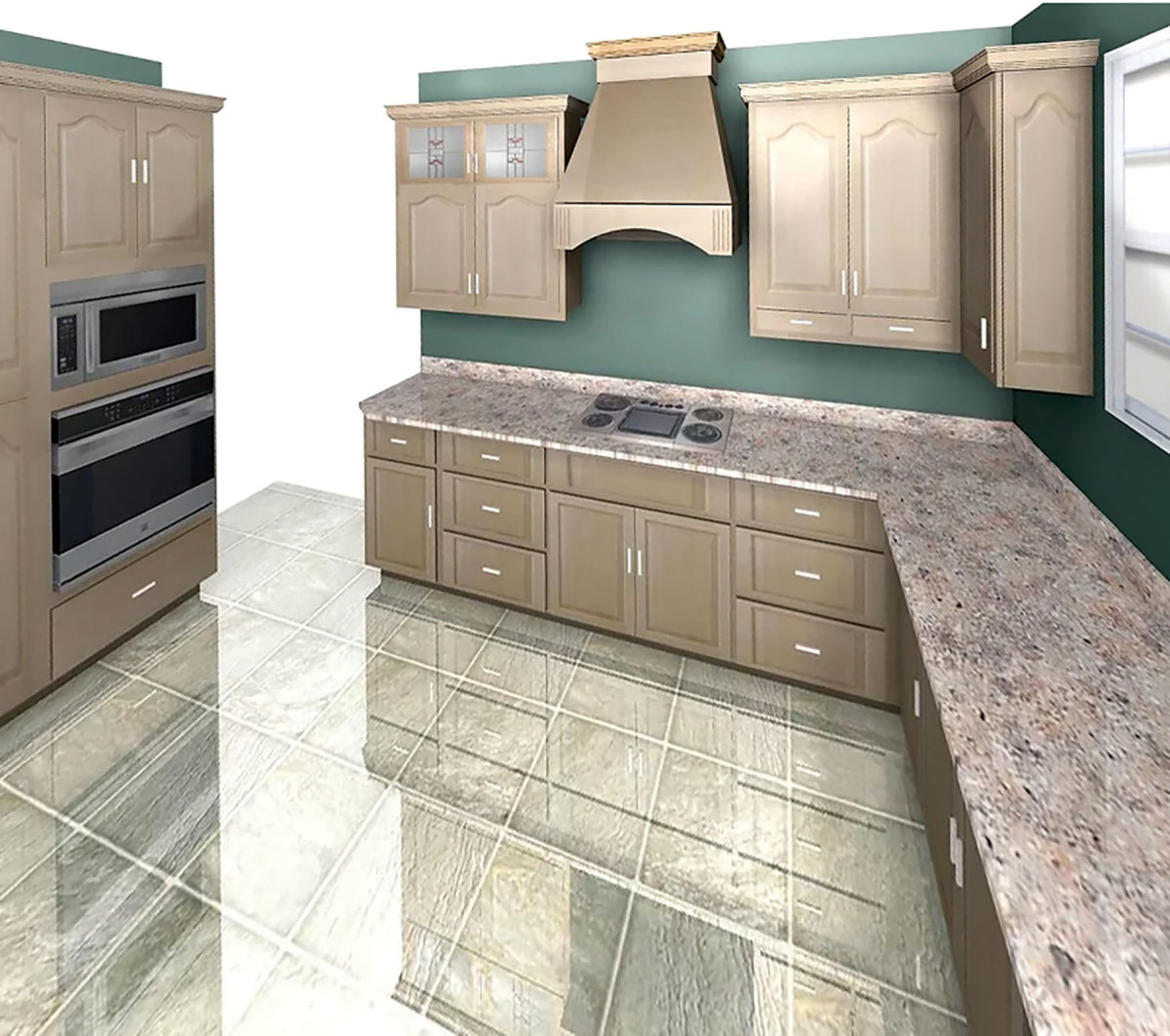 A rendered kitchen design, produced with software from Cabinet Pro.