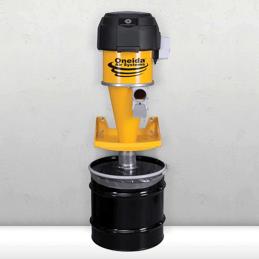 Oneida Air Systems Supercell dust collector with large 35-gallon drum, ready for heavy workshop use